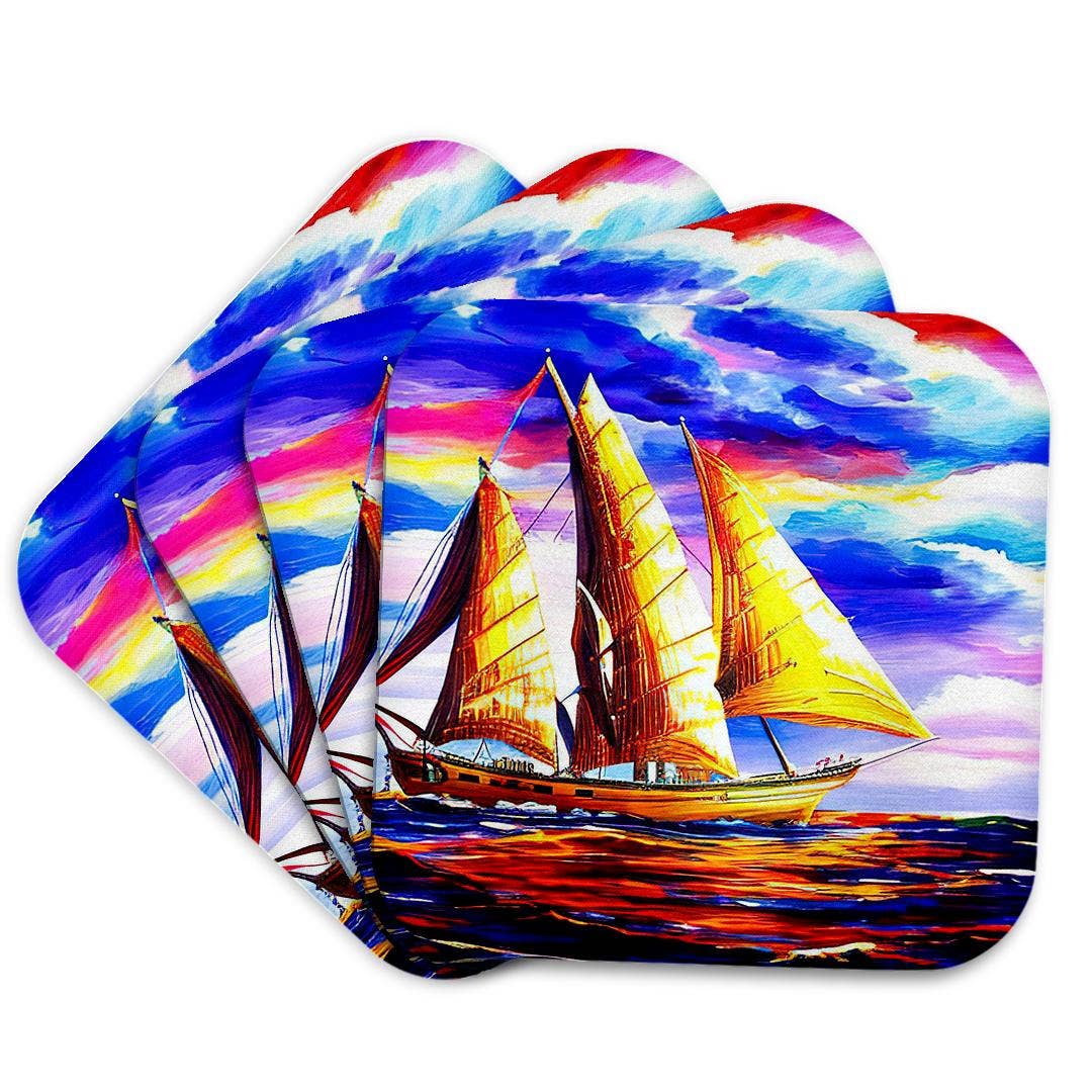 3dRose - Wholesale Coasters - 3dRose, Tall ship digital art. Three-mast scooner in the golden sunset light, Coaster7