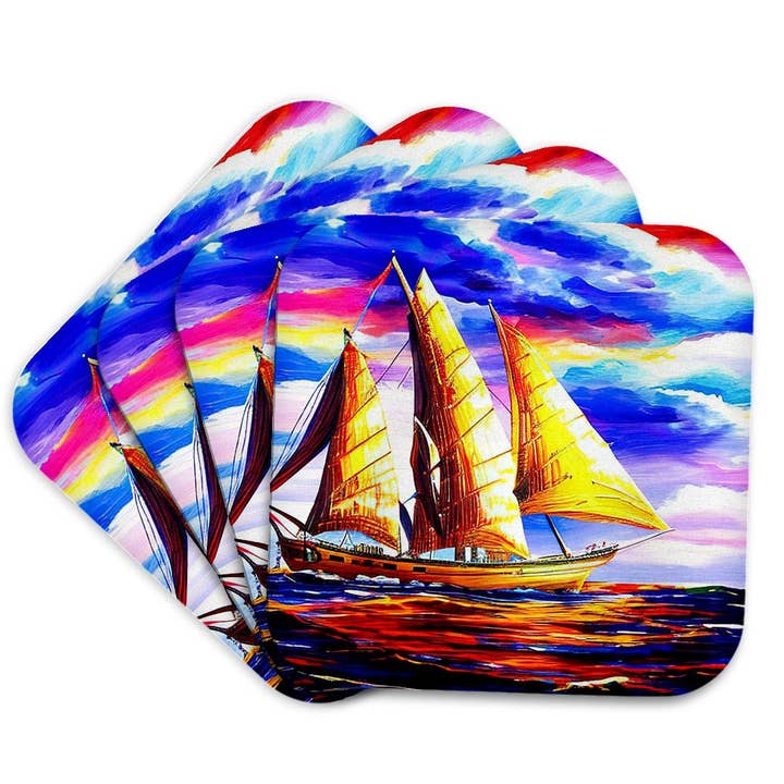 3dRose - Wholesale Coasters - 3dRose, Tall ship digital art. Three-mast scooner in the golden sunset light, Coaster7
