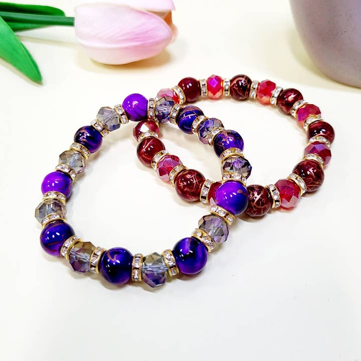 Assorted Color Cat Eye Glass Beaded Stretch Bracelet for wholesale on Faire