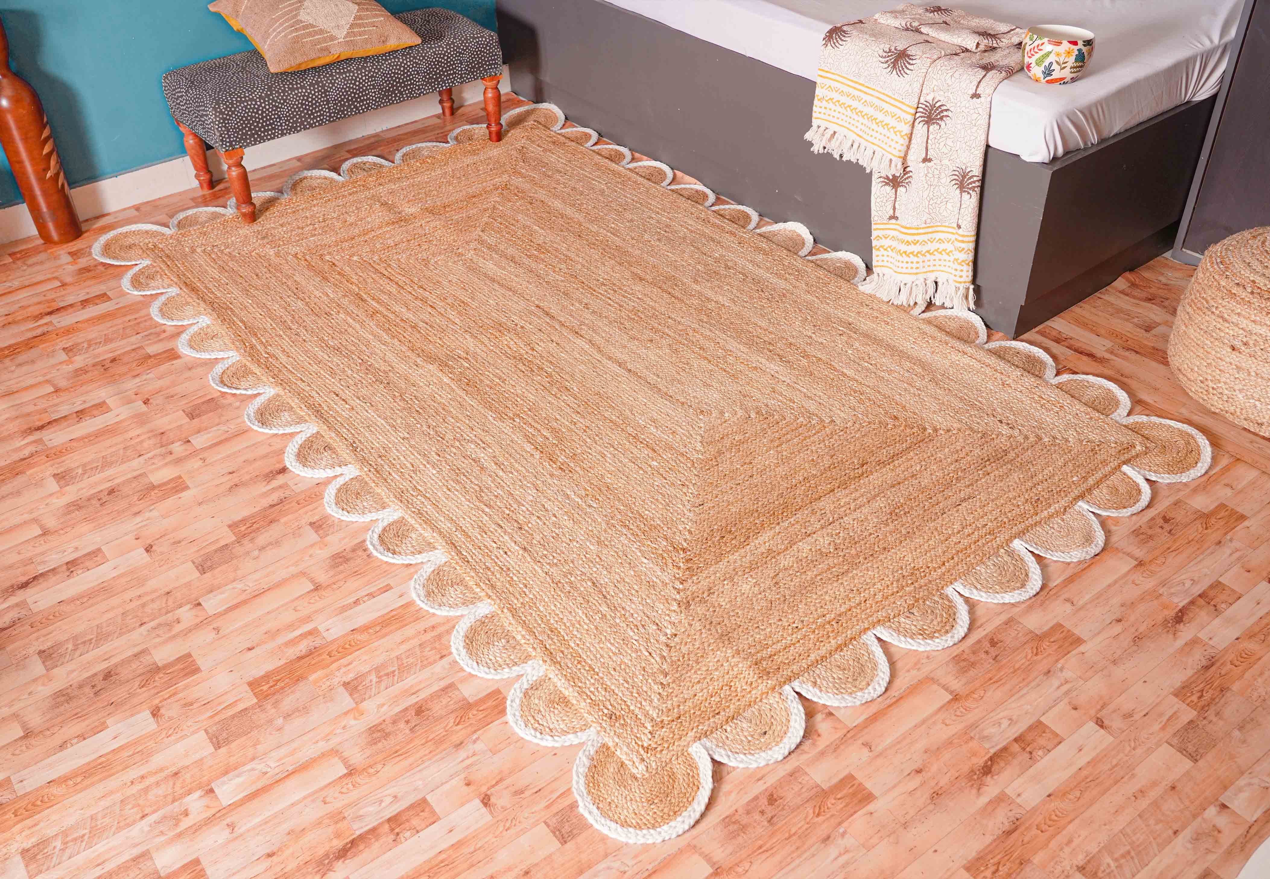 Chouhan Rugs - Wholesale Area Rug - White Scalloped Border Beige Color Jute Rug Living Room Rug 0