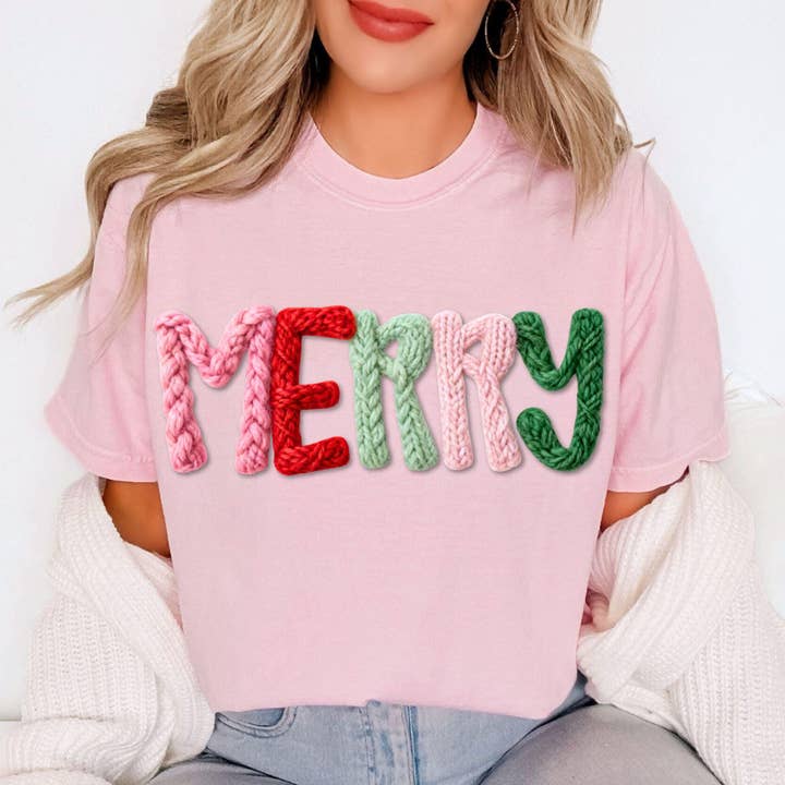 DLT Ecommerce - Wholesale T-Shirt (Graphic) - Women's - Faux Yarn Crochet Merry Christmas Shirt, Christmas Sweater1