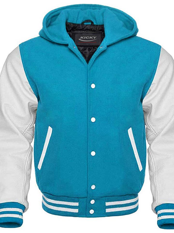 Chaqueta bomber de béisbol con capucha Varsity Letterman, azul cielo, W para venta al por mayor de Kicky Imports LLC