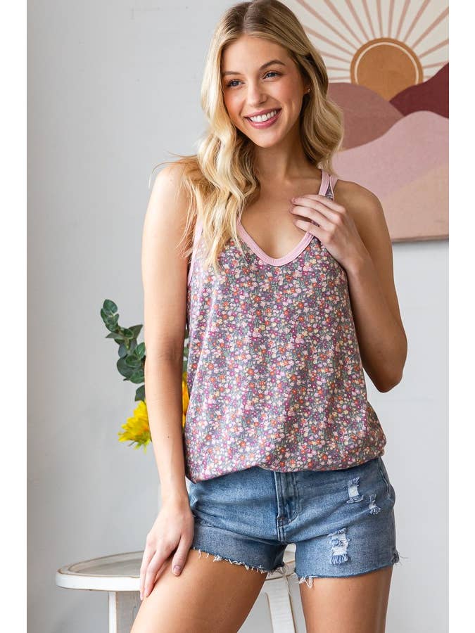 Vanilla Monkey - Wholesale Tank Top - Women's - Ditsy Floral Solid Contrast V Neck Tank Top