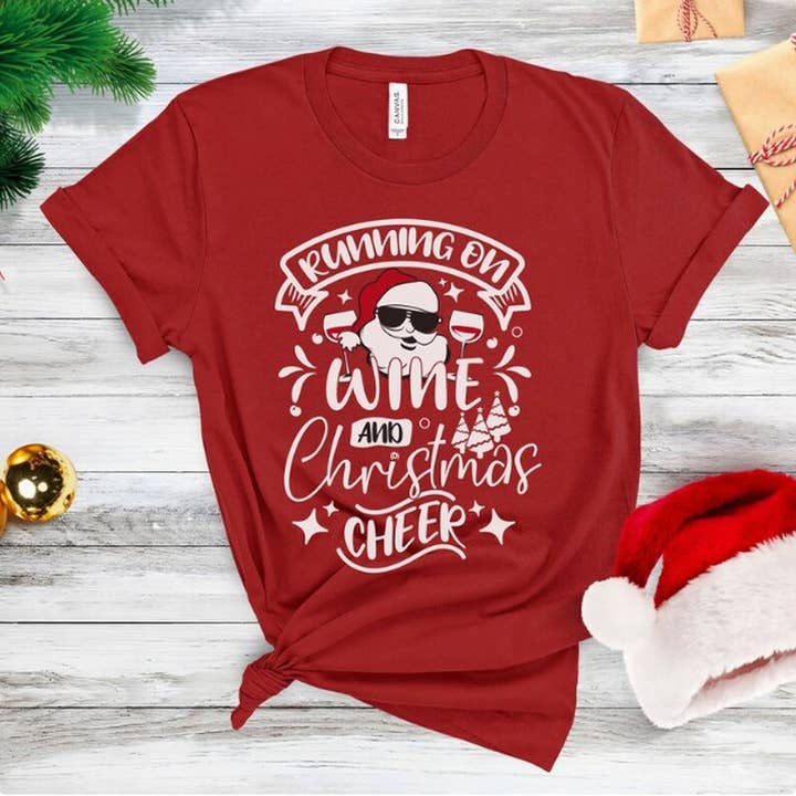 Running on Wine and Christmas Cheer Tshirt, Santa Shirt, Chr for wholesale by OneStopSapphireShop