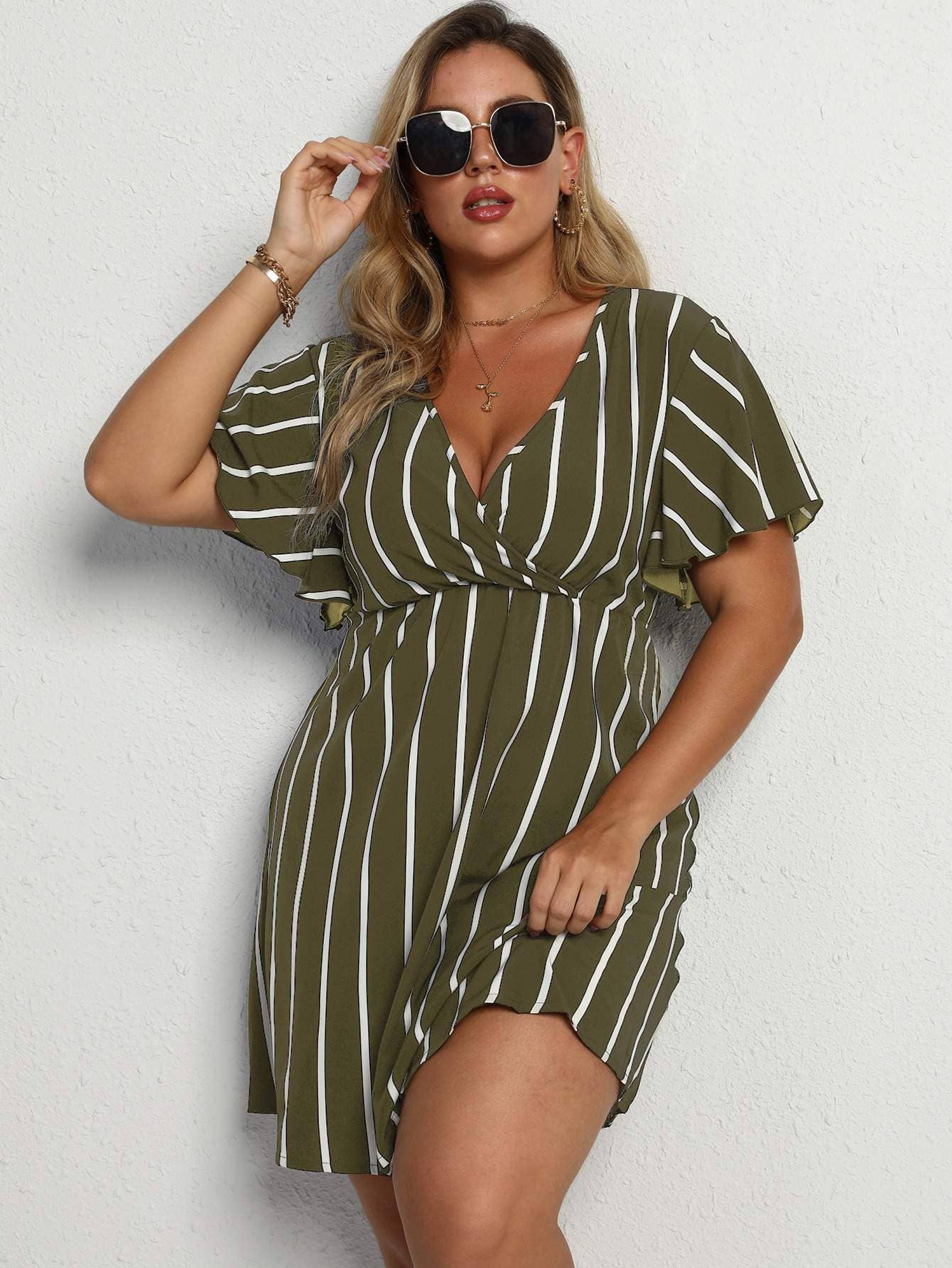 Flarix - Wholesale Dress - Women's - plus striped surplice neck a line dress6