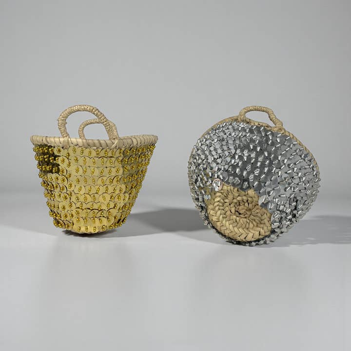 Melecraft - Wholesale Beach Bag - Mini Sequin Straw Market Basket - Gold Silver Gift Tote1