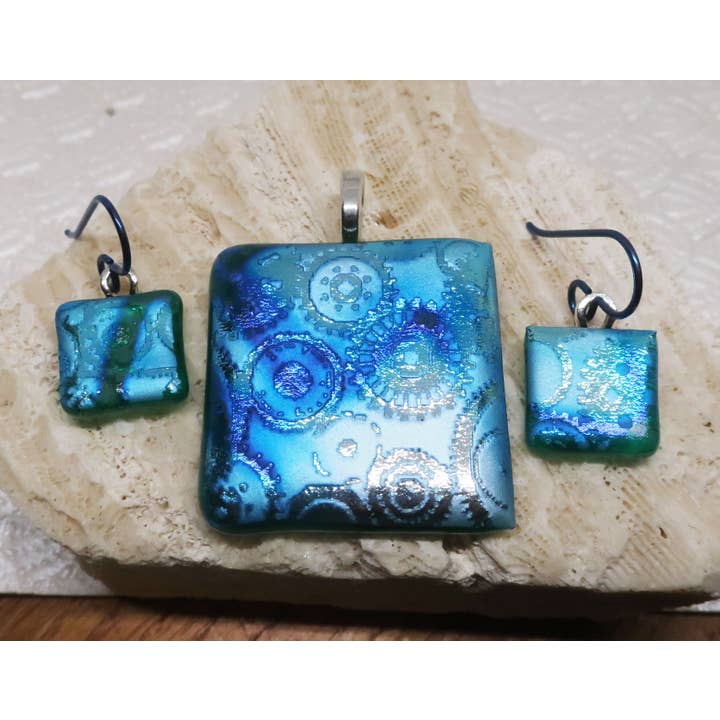 3 Pc Set Steampunk Dichroic Glass Pendant Niobium Earrings for wholesale by McCray Studios