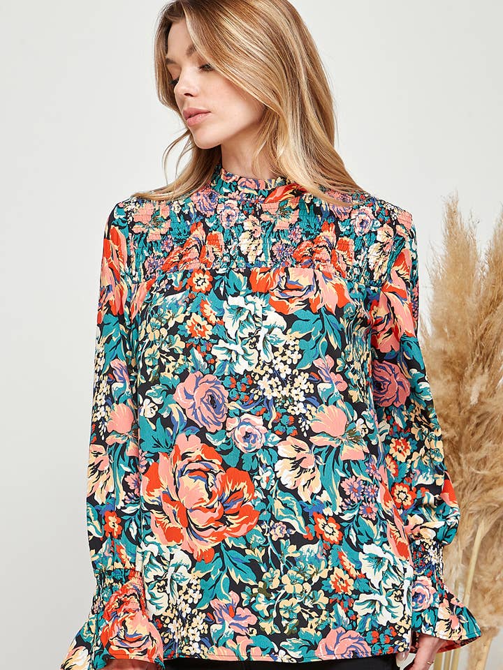 FLORAL PRINT PLEATED HIGH NECK PEASANT SLEEVE TOP for wholesale on Faire