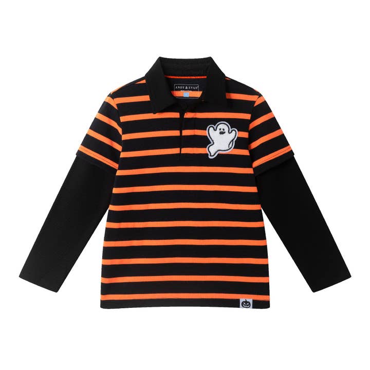 Kids Halloween Rugby Polo | Ghost Patch (Black/Orange) for wholesale by Andy & Evan