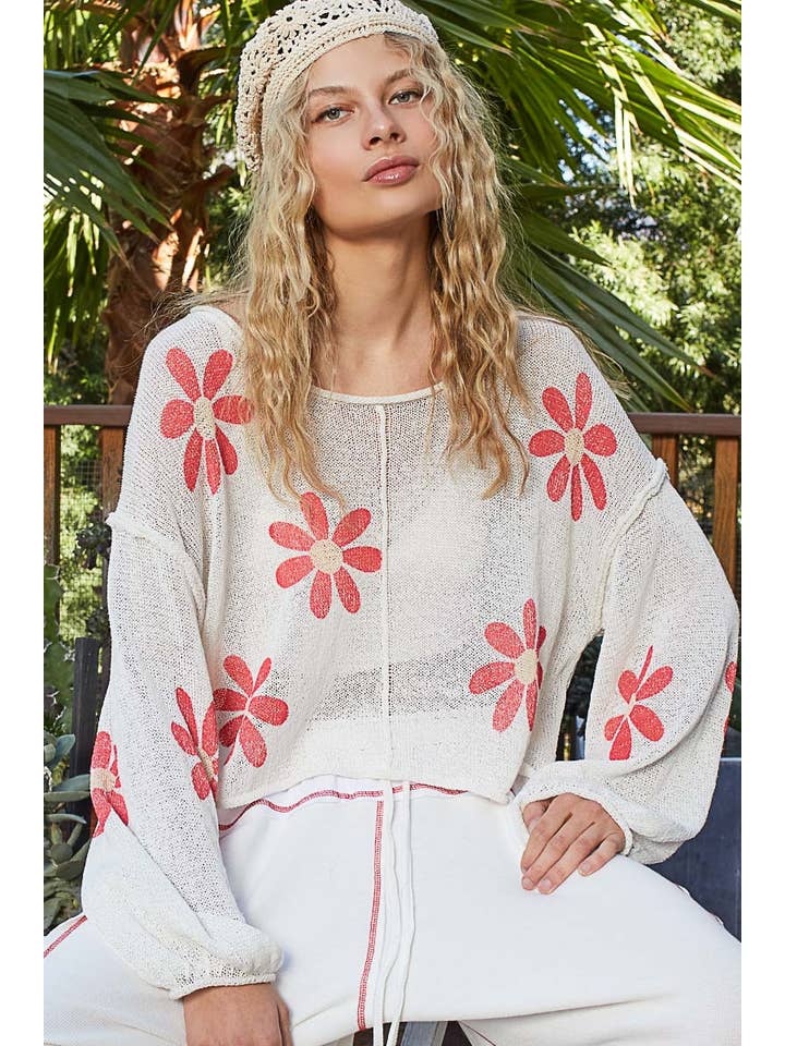 Pol Clothing - Wholesale Knit Sweater - Women's - Round neck balloon sleeve floral prints sweater SALE