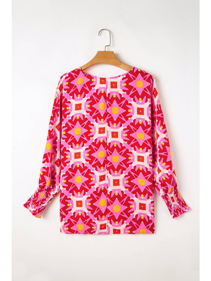 Strawberry Pink Geometric 3/4 Sleeve Blouse for wholesale on Faire