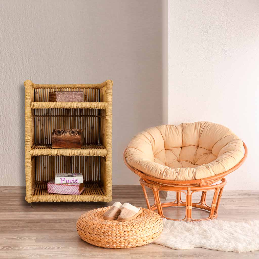 Creaciones Meng – wholesale Fristående hylla – Bokhylla i bambu med rep och rotting, 3 hyllplan i naturlig färg1