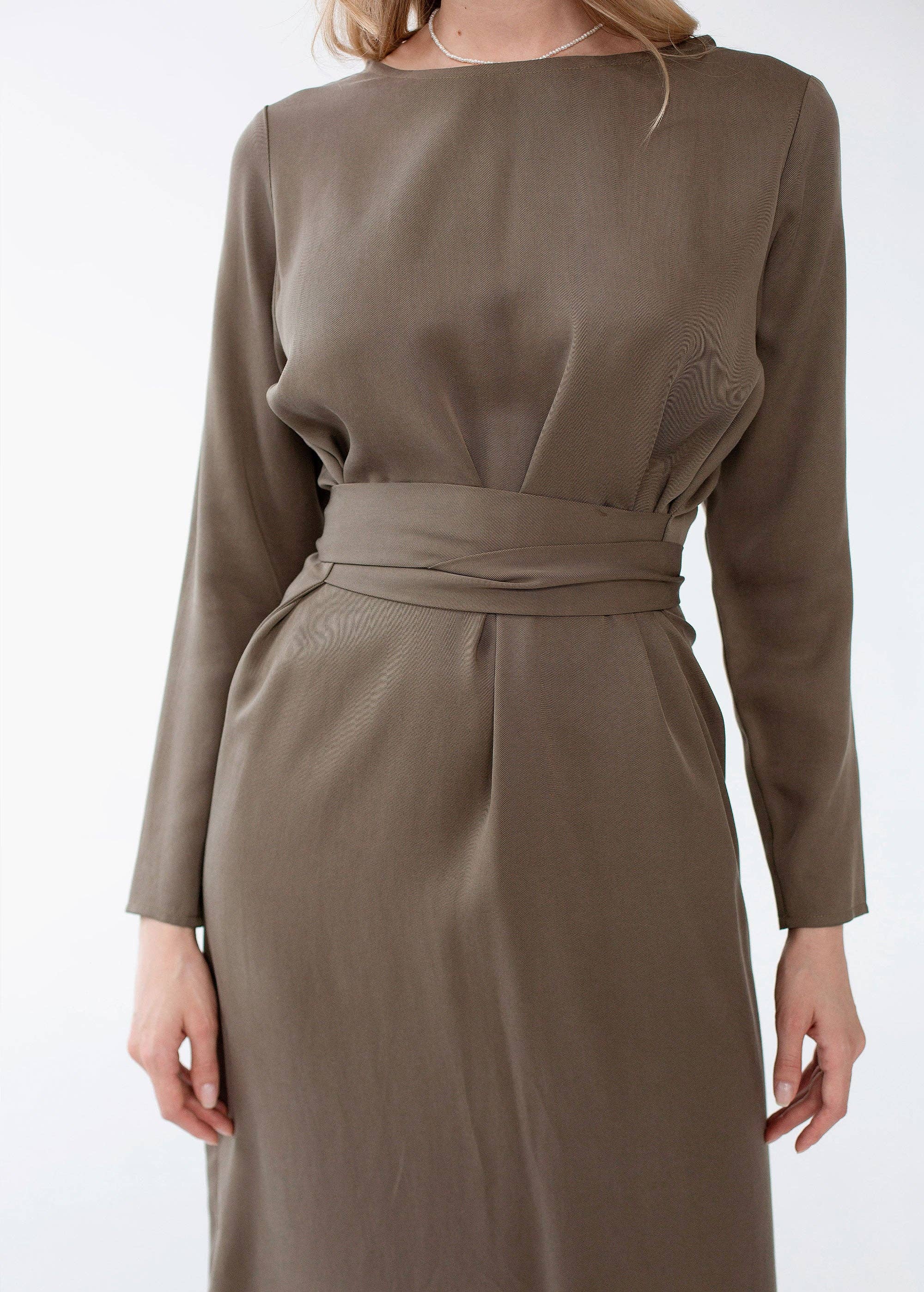 Nich Linen - Wholesale Dress - Women's - Wrap linen dress, belted khaki green dress for women long5