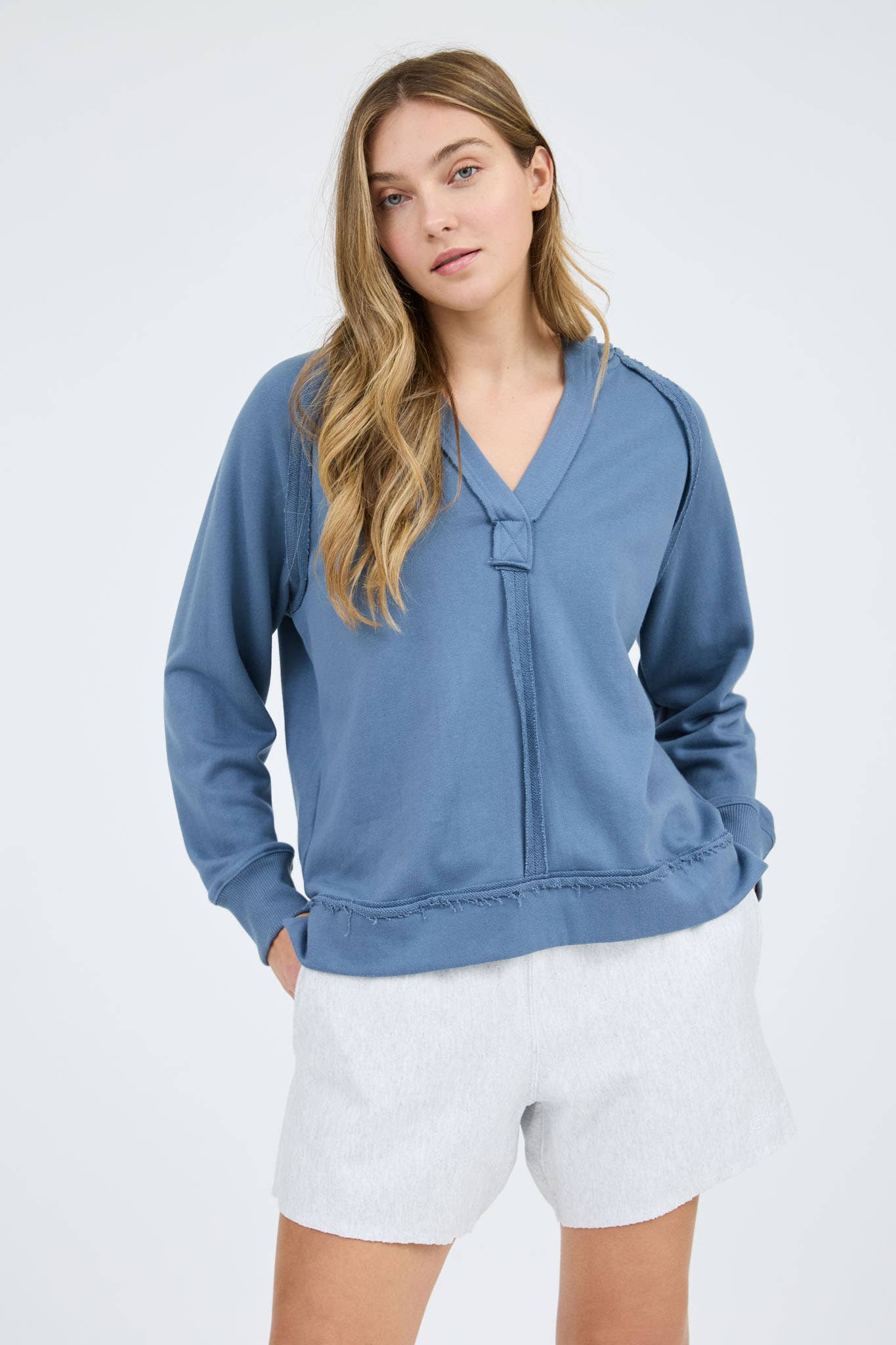 Blu Pepper – wholesale Knit top – Women's – HOODED V NECK RAW EDGE LONG SLEEVE KNIT TOP8
