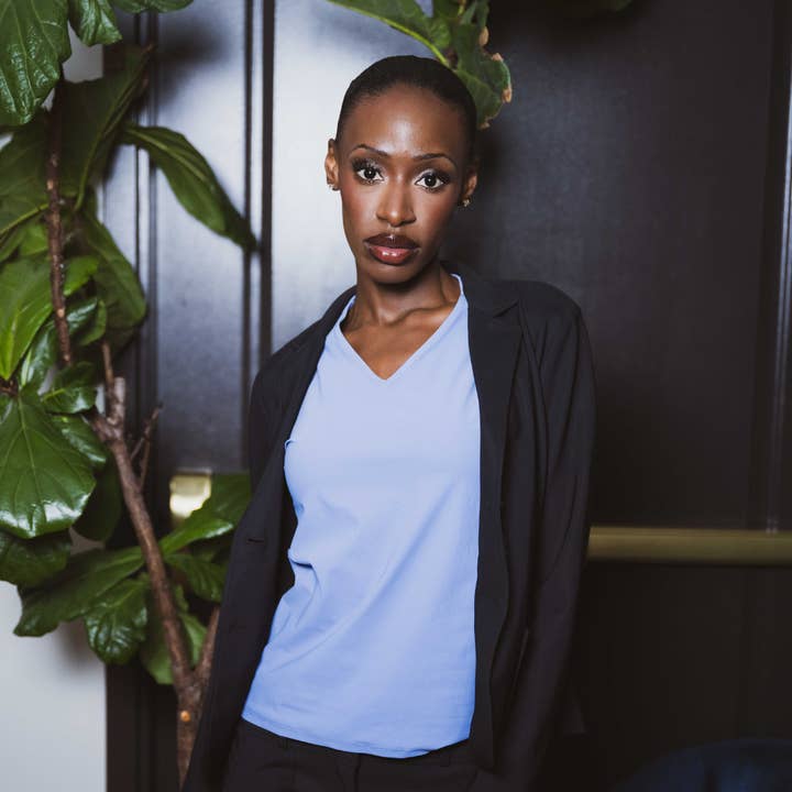 Periwinkle V Neck Tank Top Machine Washable Italian Fabric for wholesale by Ameliora