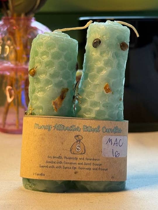 Money Attraction Hand-Rolled Beeswax Candles for wholesale by Chaotic Crystal Chick Co.