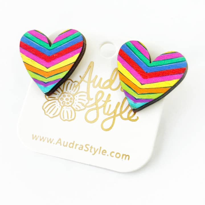 Heart Stud Earrings - Rainbow Stripe for wholesale by Audra Style
