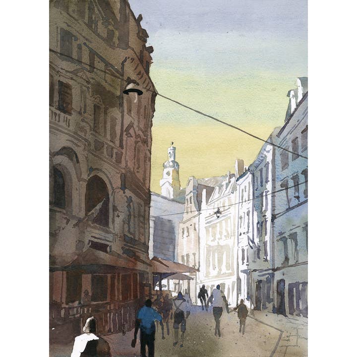 Cityscape Latvia Riga fine art watercolor landscape painting sunrise Baltic nation medieval architecture (print) for wholesale by Ryan Fox Fine Art