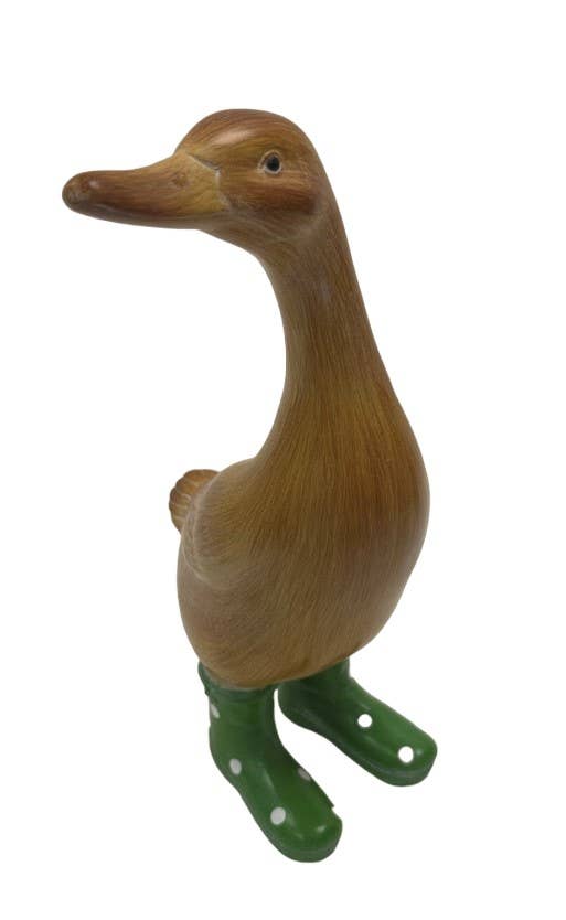 David Fischhoff Ltd - Wholesale Ornament - Wooden Effect Duck in Green Boots - 2 Asstd2