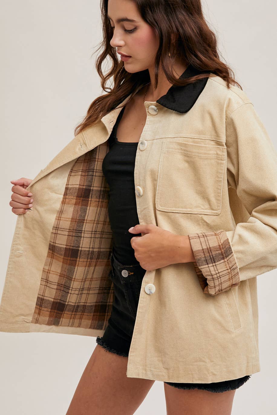 Peace Love Line - Wholesale Coat - Women's - PL4686 - CORDUROY BUTTON DOWN BARN COAT INNER PLAID12