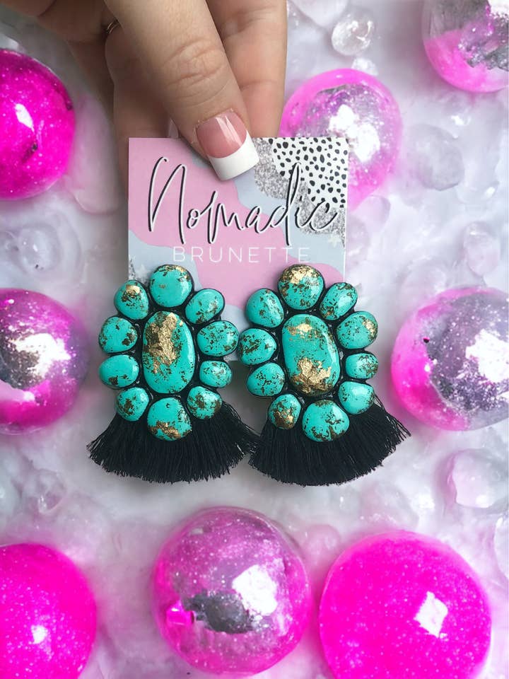 Marilyn Studs - Turquoise Stone With Black Color Fringe Western Handmade Clay for wholesale by Nomadic Brunette