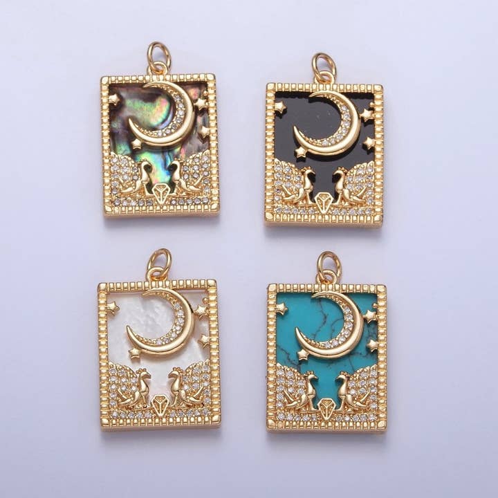 Guld Fyldt Mikrobelagt CZ Påfugl ved Stjerneklar Nat Obsidian, Turkis, Perle, Abalone Celestial Tag Charm | X-135 - X-138 for engroshandel hos Aim Eternal