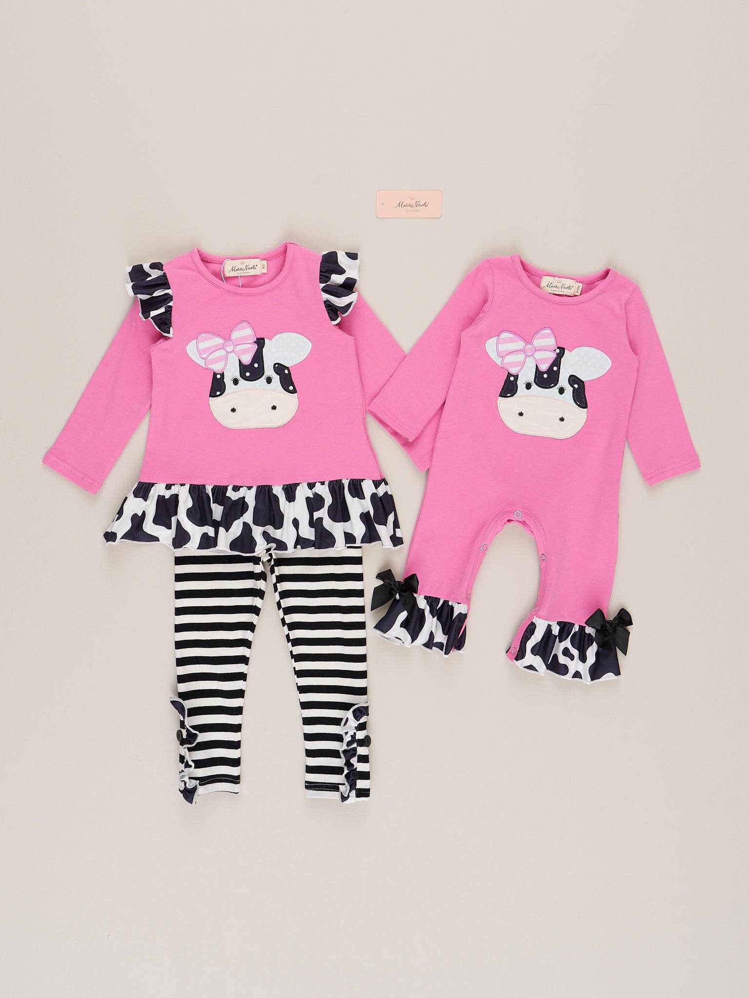 Marie Nicole Clothing - Wholesale Top & Pant Set - Kids - Lil’ Moo Ruffle Embroidered Cow Outfit4