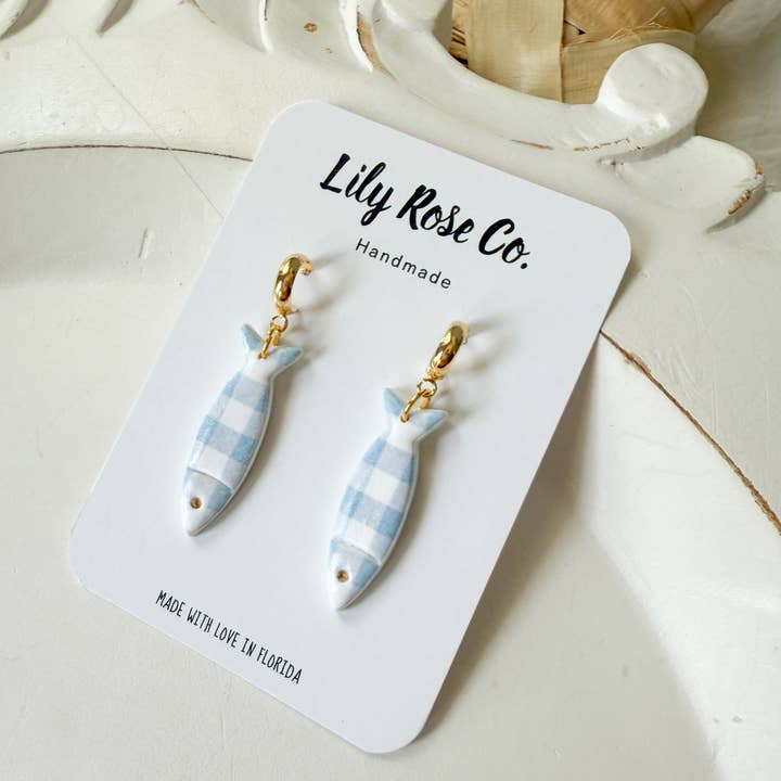 Lily Rose Co. - Wholesale Dangle Earrings - Blue Gingham Fish / Clay earrings / Women’s Earring