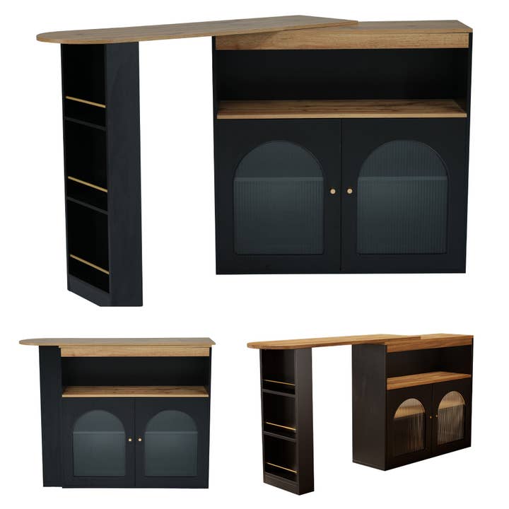 Urban Meuble - Wholesale Sideboard - Modern black rotating extendable bar table with storage and LED light strip THRUTELS BLACK