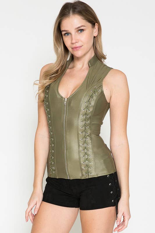 Lydia USA - Wholesale Blouse - Women's - Sexy Pleather Sleeveless Zip Up Top with Cross Cut10