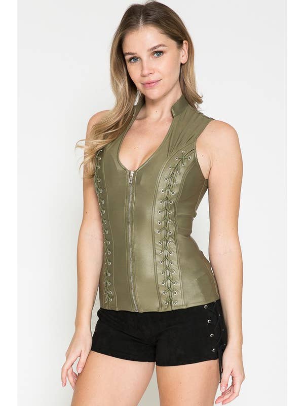 Lydia USA - Wholesale Blouse - Women's - Sexy Pleather Sleeveless Zip Up Top with Cross Cut10