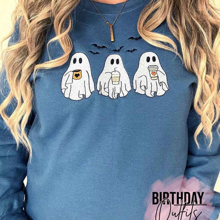 Ghosts Drinking Coffee Embroidered sweatshirt, Spooky, Ghost, embroidered halloween shirt, horror embroidery for wholesale by BIRTHDAY OUTFITS