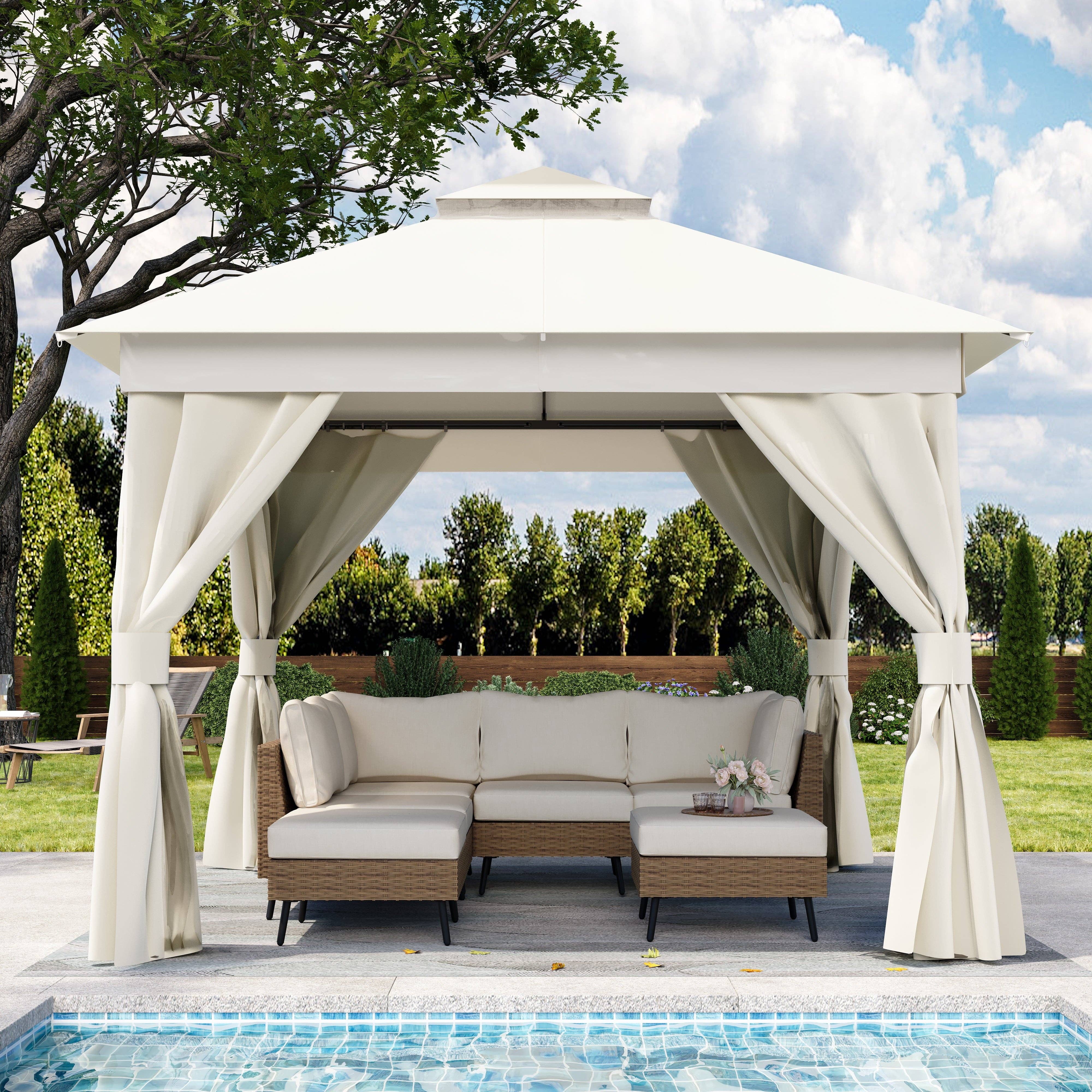 ShipItFurniture - Wholesale Tent - 10'X10' Patio Gazebo, Double Roof Outdoor Shelter Tent with Mosquito Nettings and Privacy Screens, Cream White9