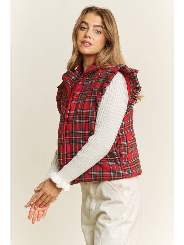 RED EVERYDAY PLAID PUFF ZIP UP VEST JACKET with ARMHOL for wholesale on Faire7