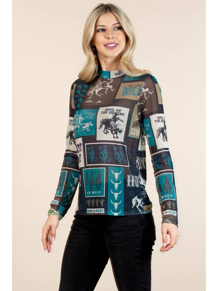 T1502-6010A-Remini Teal Cowboy Party Mesh Print Mock Neck To for wholesale on Faire