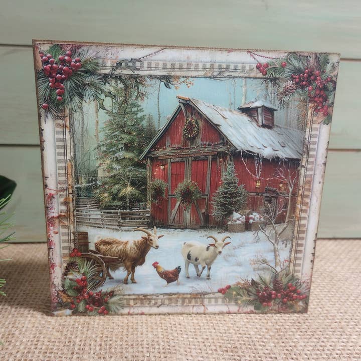 Bluegrass Burlap Co - Wholesale Sign - Christmas Barnyard Wood Block Sign - Chicken and Goats