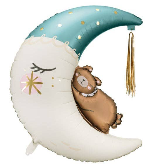 Ballon en aluminium Ours en peluche sur la Lune (Bleu) - 34 po. pour la vente par THE BALLOON HUB