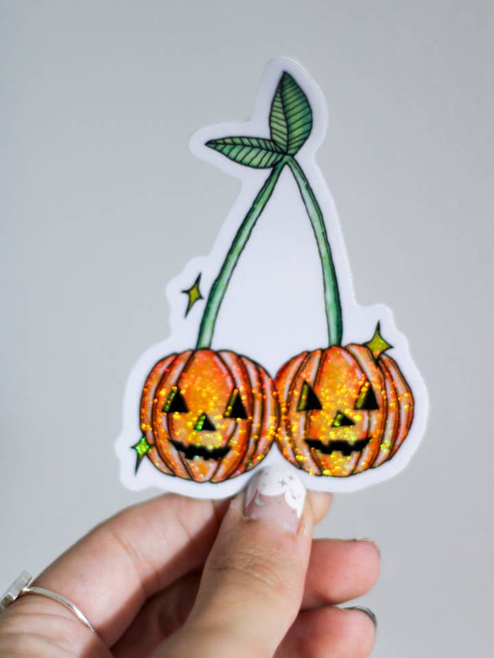 Pumpkin Cherry | Spooky Glitter Watercolor Sticker for wholesale by Scribbles and Doodlez