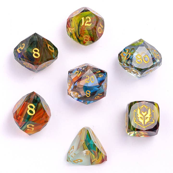 Ensemble de dés Luster Cut Dragon’s Hoard - Verre Arc-en-ciel pour la vente par Hymgho Premium Dice