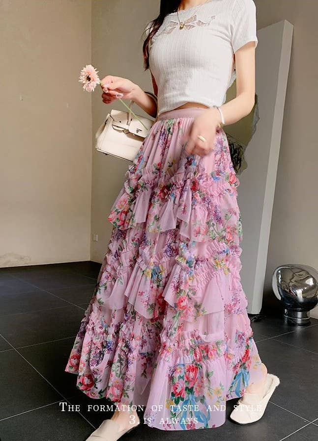 PEACH ACCESSORIES – Engroshandel Nederdel - Dame – PEACH ACCESSORIES blomsterprintet flæsenederdel med vidde SK1938