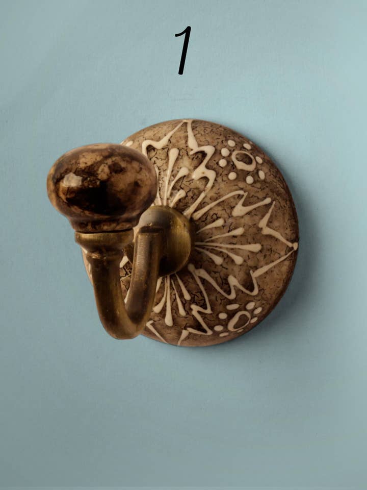 Decorative Brown Shade Embossed Ceramic Round Coat Hook for wholesale by KNOBCO