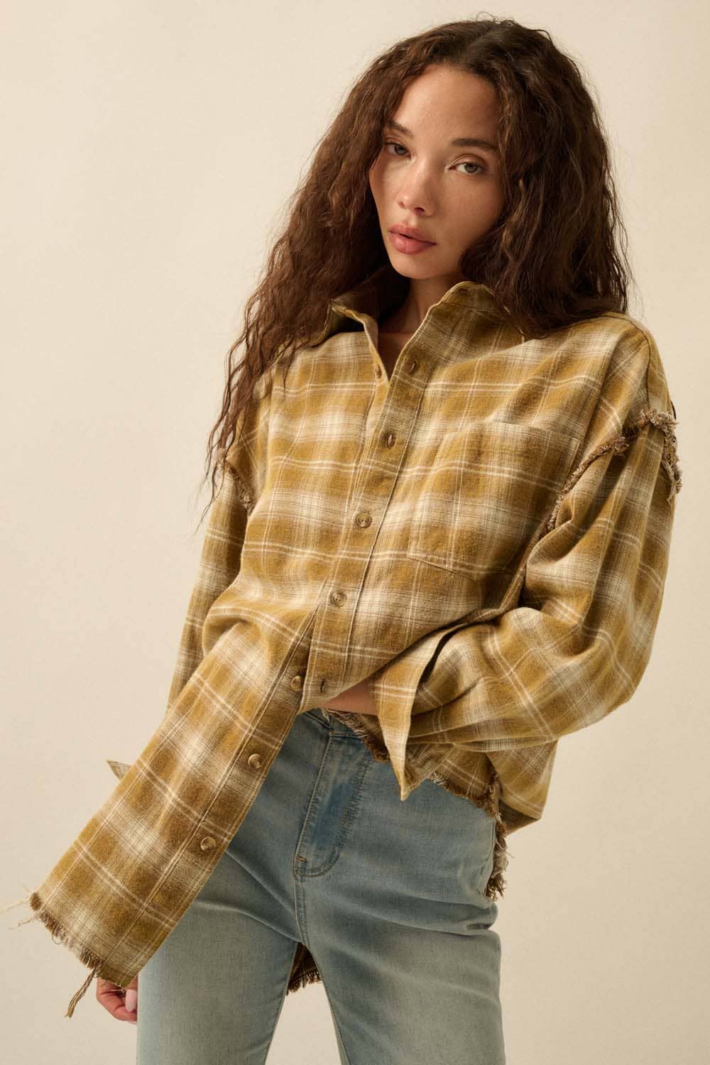Promesa USA - Wholesale Button Down Shirt - Women's - Plaid Flannel Oversized Raw-Edge Pocket Shirt10