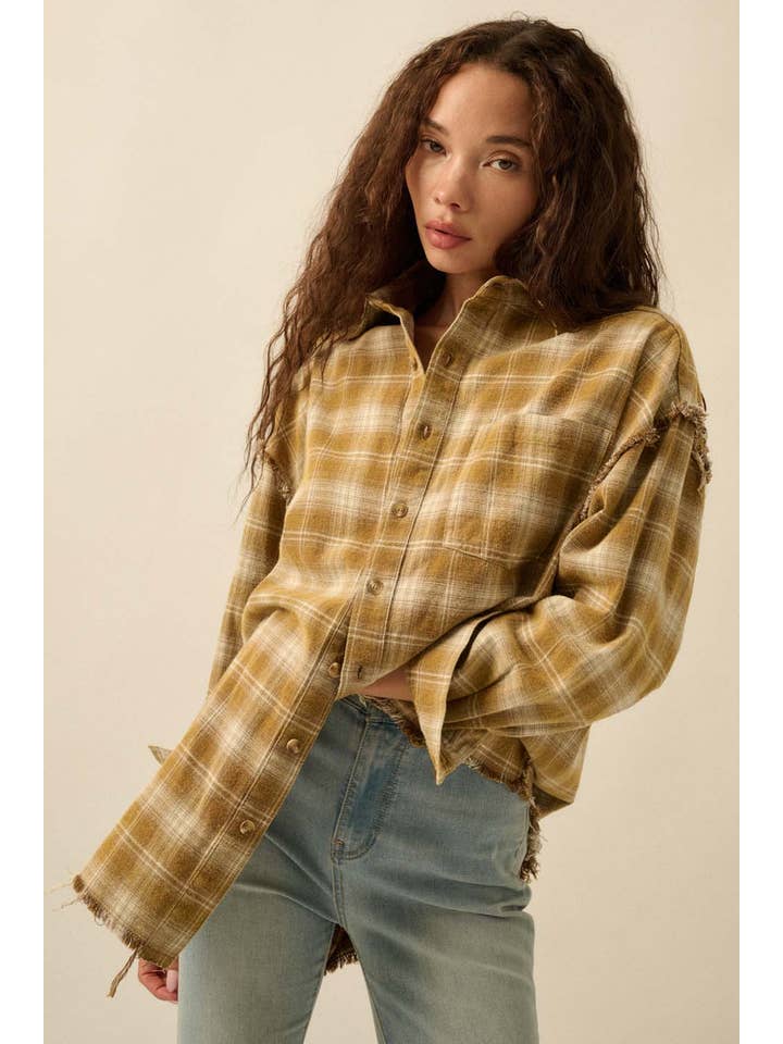 Promesa USA - Wholesale Button Down Shirt - Women's - Plaid Flannel Oversized Raw-Edge Pocket Shirt10