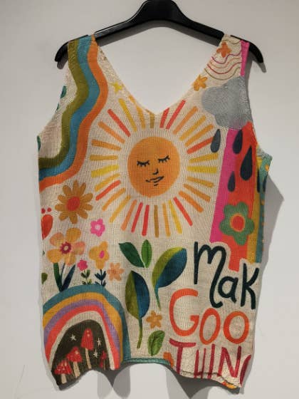 LOOWIE - Wholesale Knit Top - Women's - POD17 Yellow Sunshine Knit Printed Sleeveless Sweater