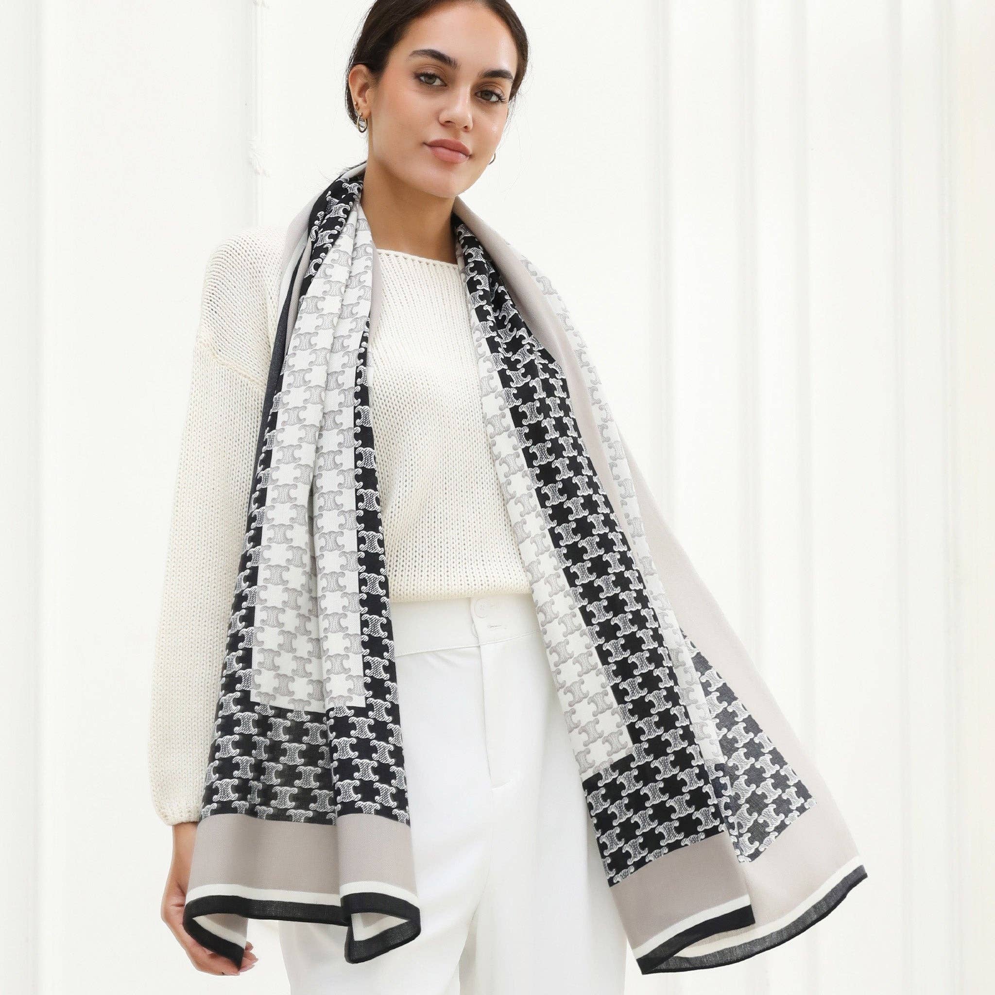 YOUZEY - Wholesale Scarf - Women's - The Poppy - Monochrome Black, Grey, White Faux Silk Scarf6