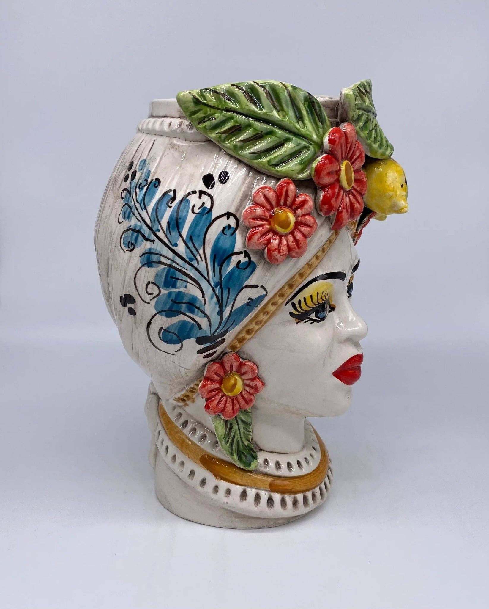 DD Ceramiche Siciliane - Wholesale Vase - Moorish Moor's Heads Caltagirone Ceramic cm H.28 L.19 Handmade Baroque Turban Flowers Lemons4