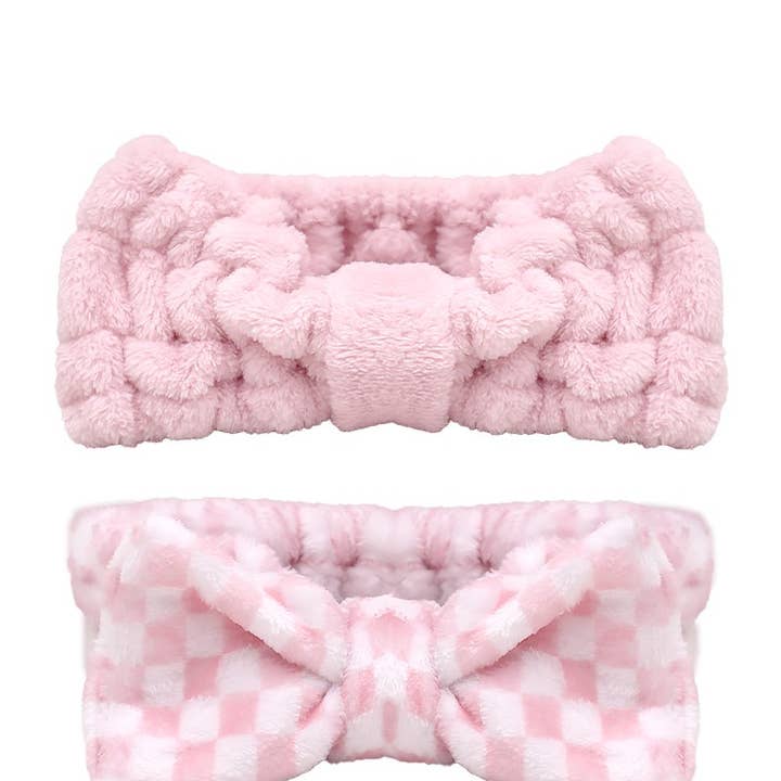 PINEAPPLE Beauty – wholesale Spa headband – CALA 69239 Pink/Checker Plush Headband Duo - 6 Set0