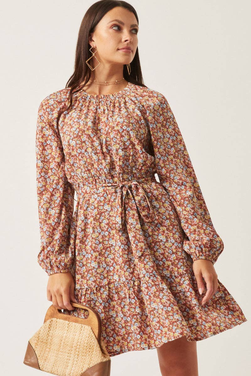 Brown Womens Floral Print Ruffle Neck Puff Sleeve Dress for wholesale on Faire0