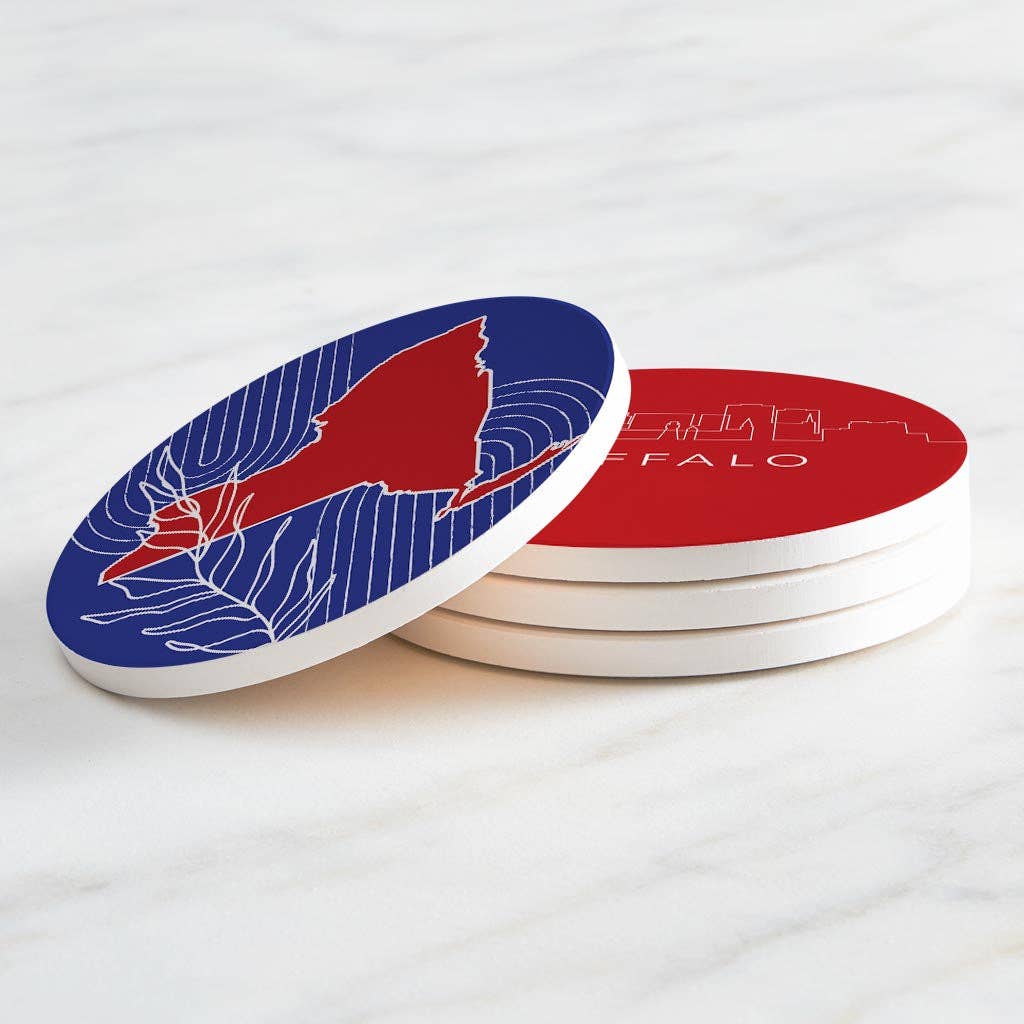 Love Local - Wholesale Coasters - Red White And Blue New York State Buffalo Skyline | Absorbent Coasters | Set of 4 | Min 22
