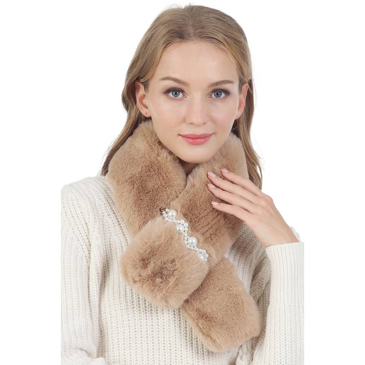 Cap Zone - Wholesale Scarf - Women's - Lux Faux Pearl Insert Fluffy Faux Fur Stole Scarf5